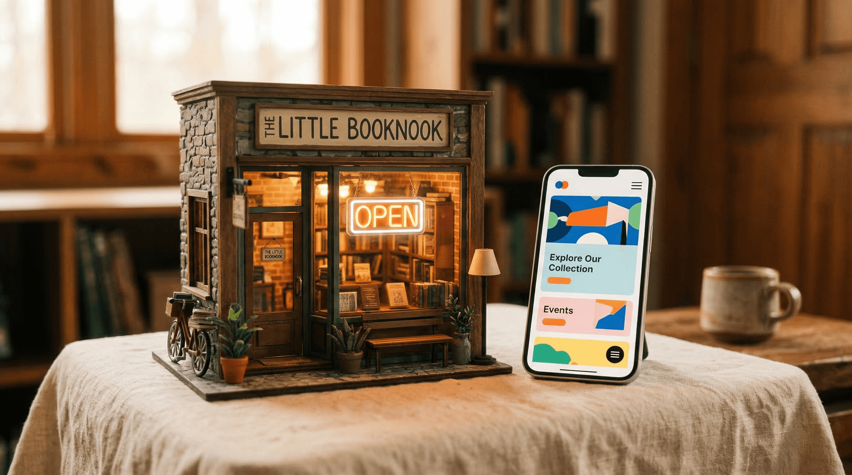 A small shop front model with a glowing Open sign on cream surface, with a phone showing an abstract website layout beside it