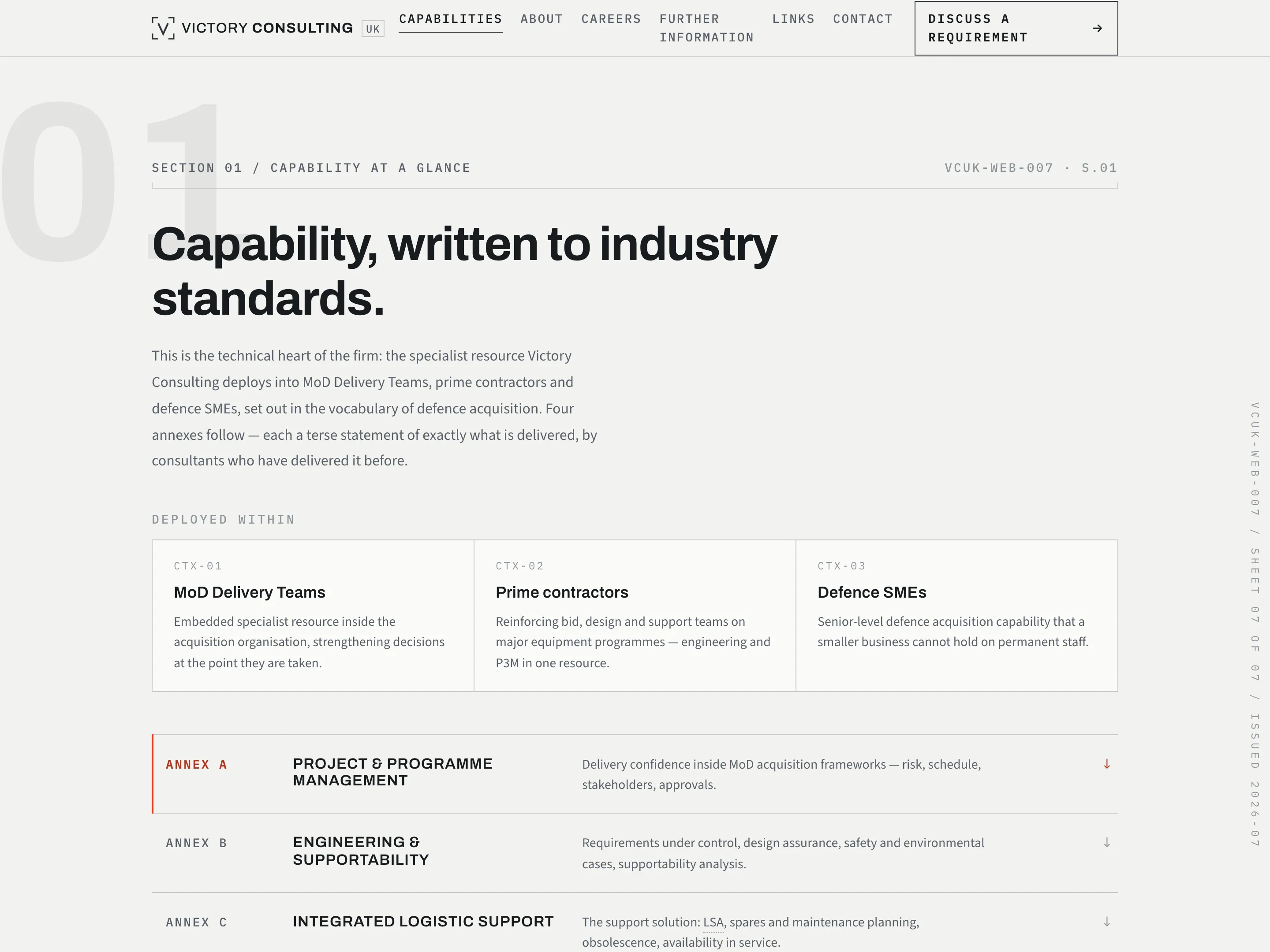 The restored capabilities page: 'Capability, written to industry standards', with the firm's services set out as annexes