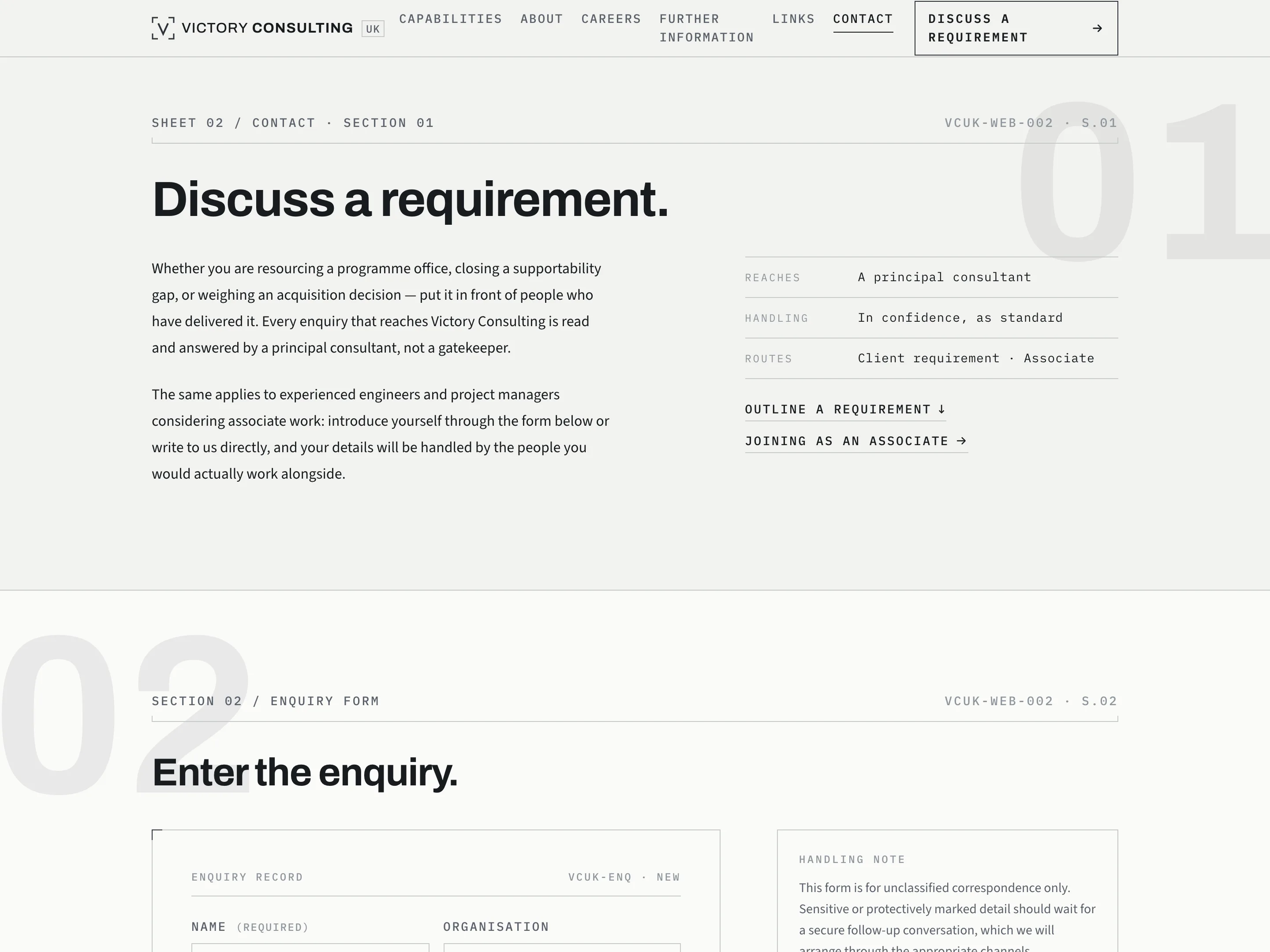 The restored contact page: 'Discuss a requirement', with an enquiry form that routes to a monitored mailbox