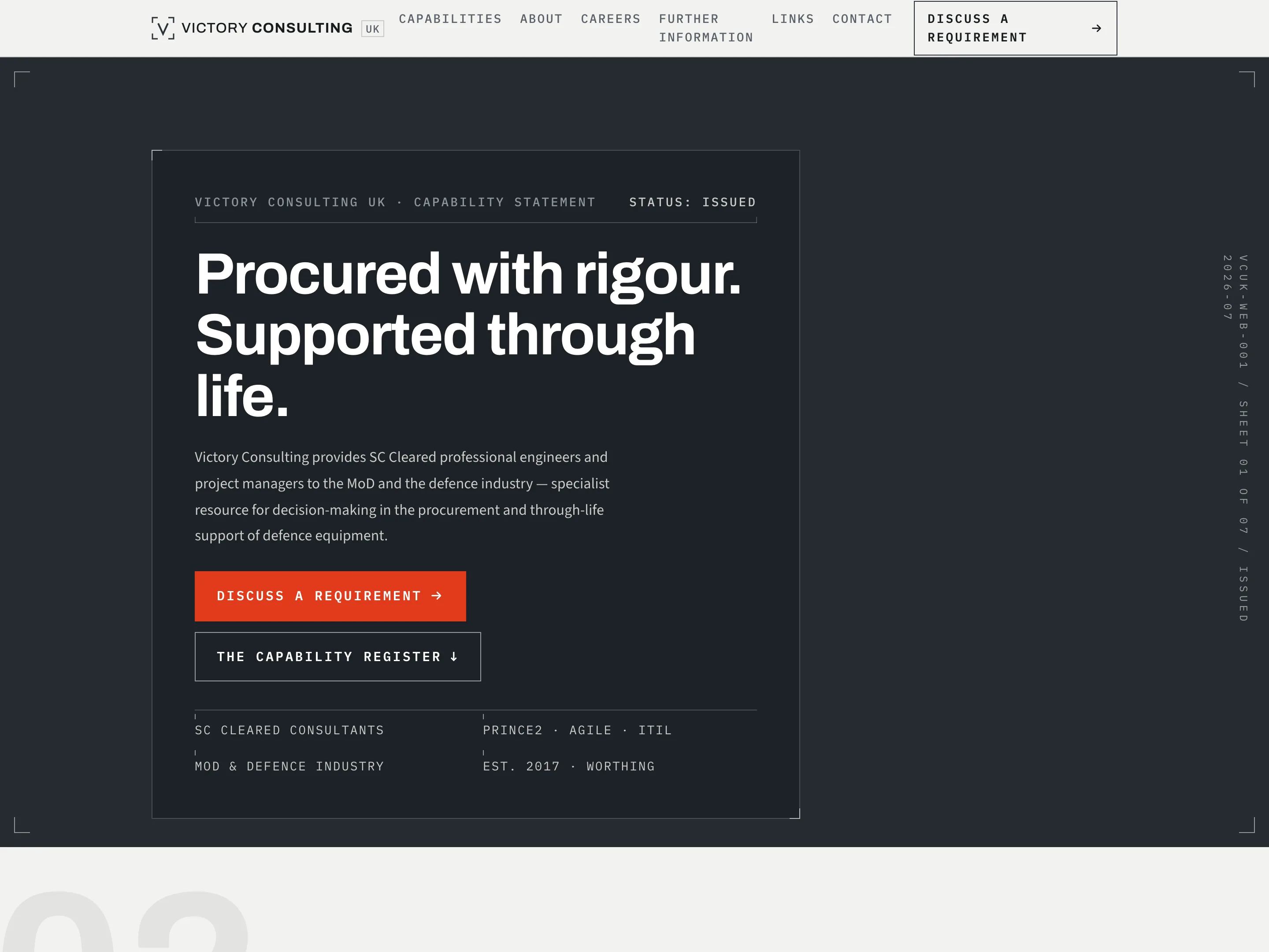 The restored Victory Consulting homepage: a dark, technical capability statement reading 'Procured with rigour. Supported through life.'