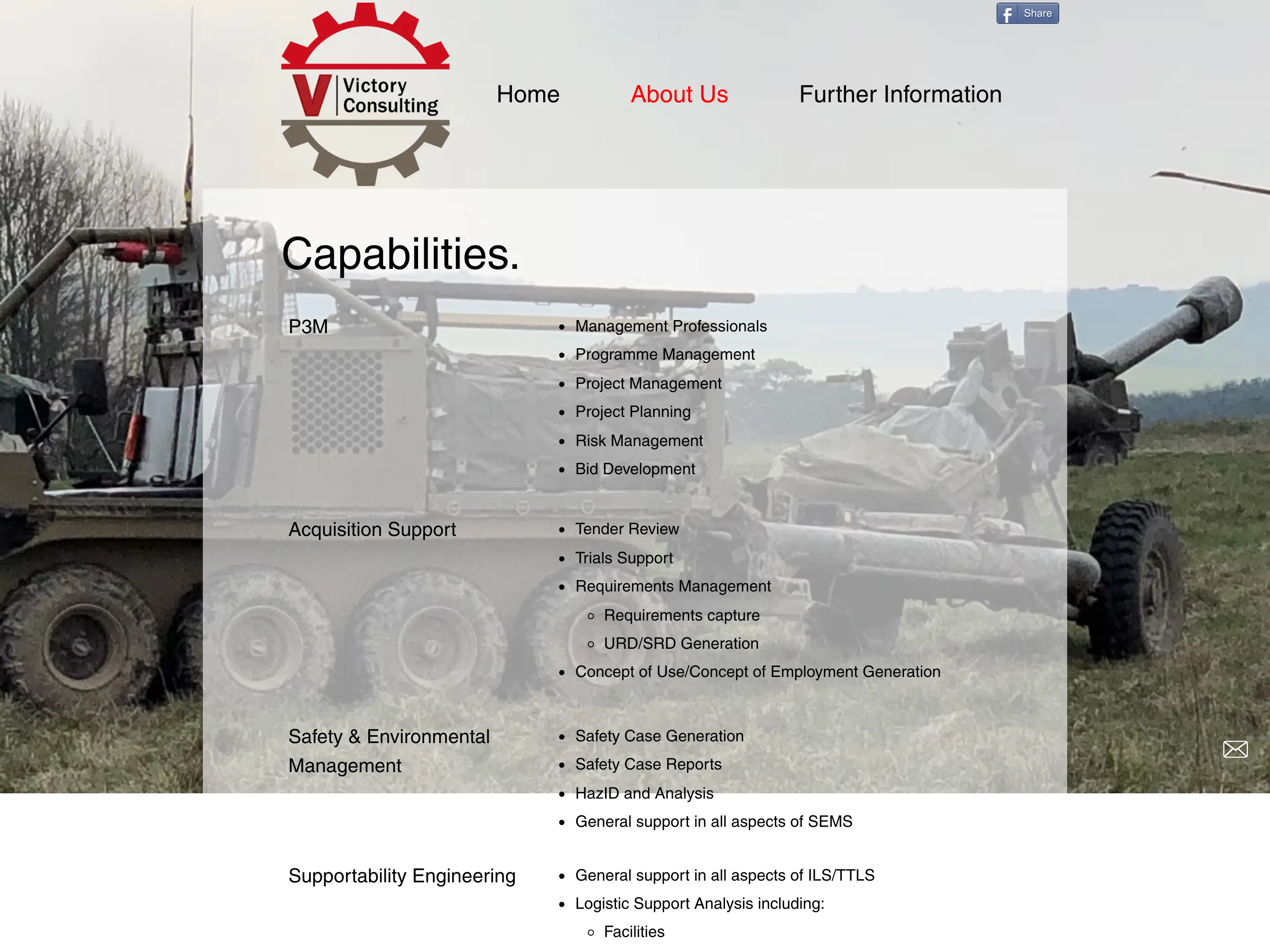 The old Victory Consulting capabilities page, from the archive record: the capability list on a semi-transparent white panel laid over a military photograph, in the stock template's default styling
