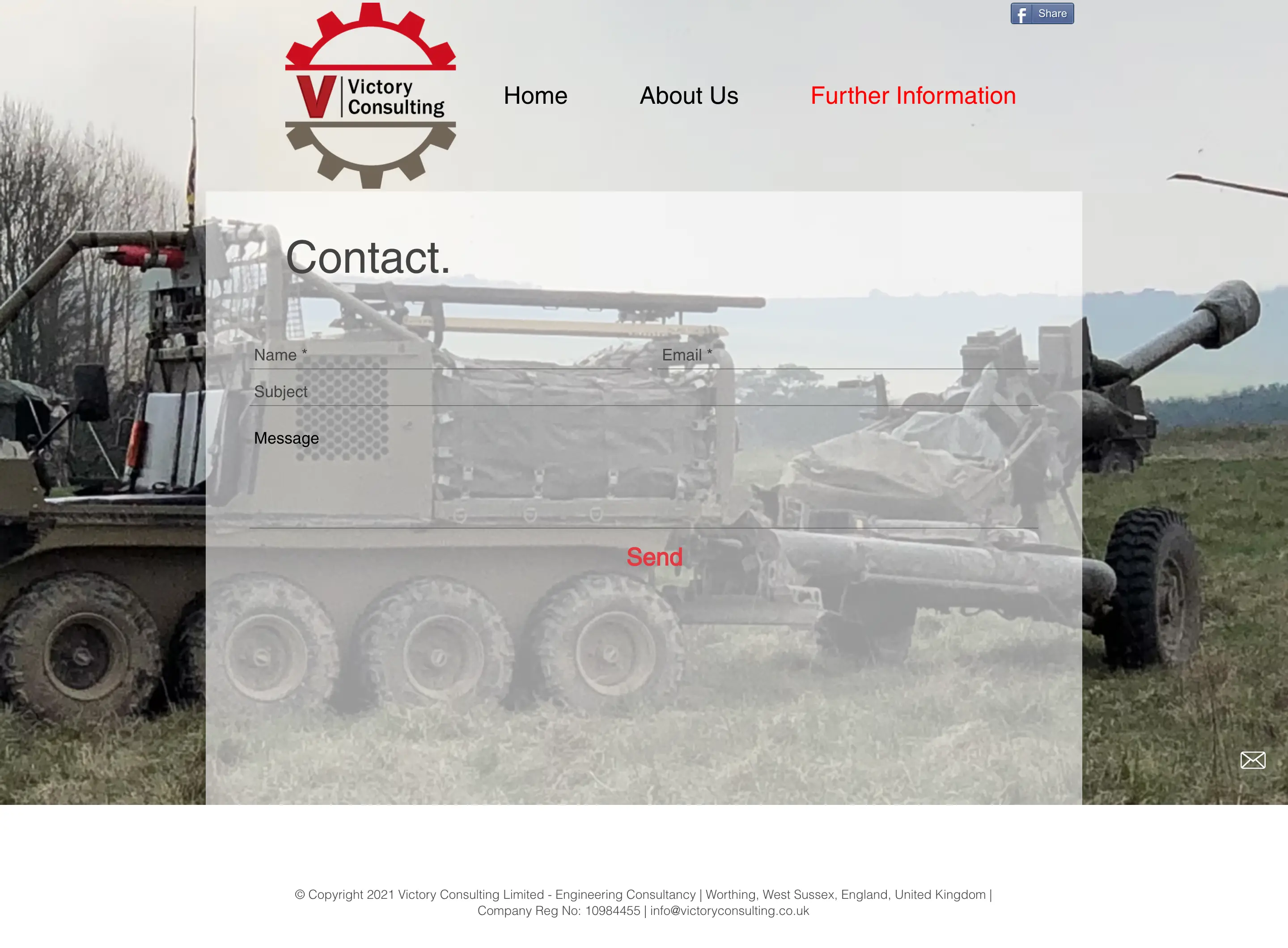 The old Victory Consulting contact page, from the archive record: a bare template form with underlined fields and a red Send link, over the same military photograph