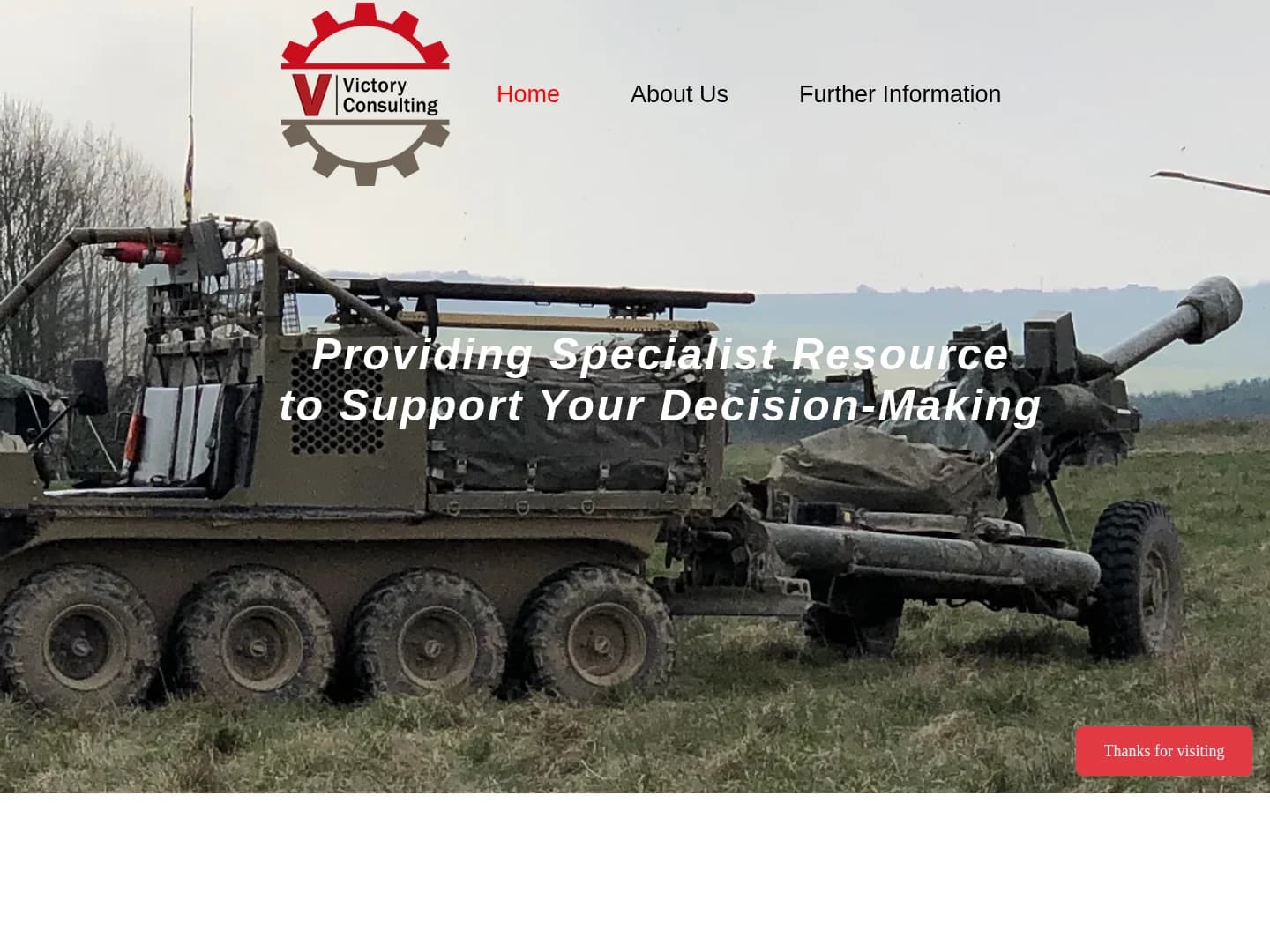 The old Victory Consulting homepage as captured by the survey on 5 July 2026: template navigation, a photograph with italic text across it, and a 'Thanks for visiting' button