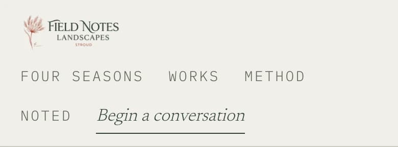 Header of the Field Notes Landscapes website (Garden design and build, Stroud). The logo reads: FIELD NOTES, LANDSCAPES, STROUD.