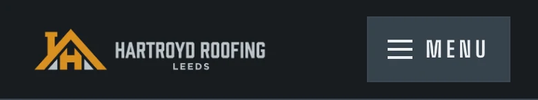 Header of the Hartroyd Roofing website (Slate, pantile and flat roofing, Leeds). The logo reads: HARTROYD ROOFING, LEEDS.