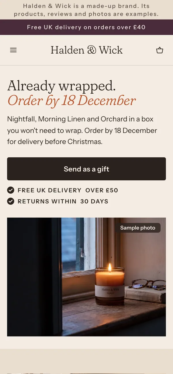 Phone screen of the Halden & Wick page for the ad “The present that's already wrapped. Order by 18 December.”.