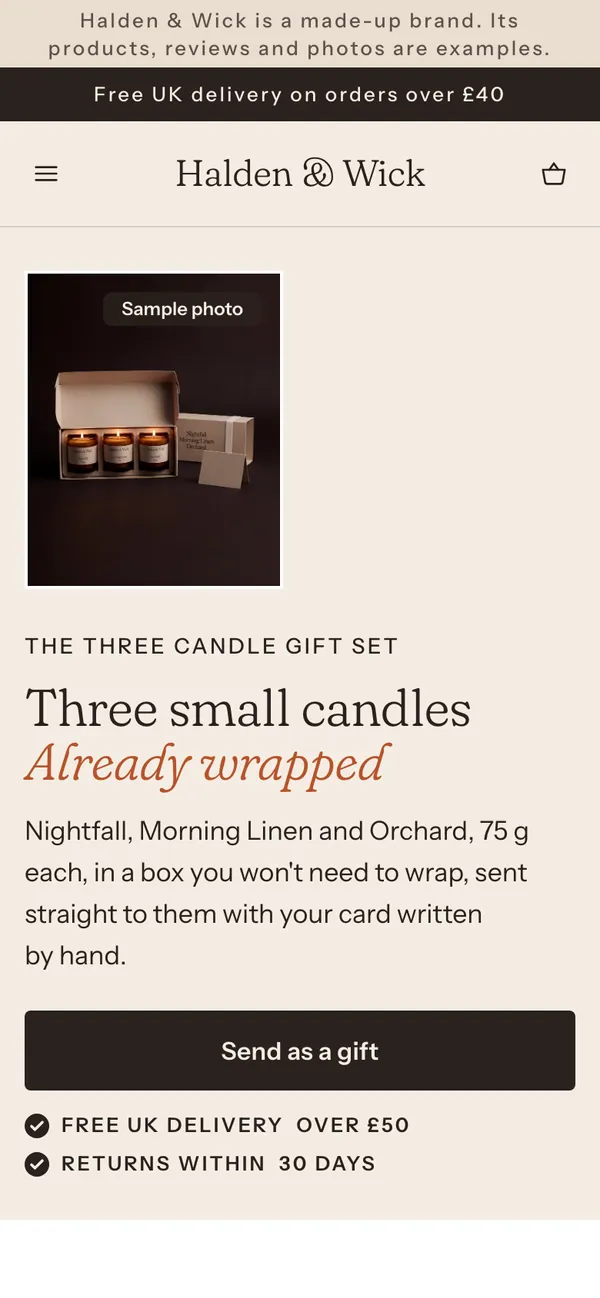 Phone screen of the Halden & Wick page for the ad “Three small candles, one good gift”.