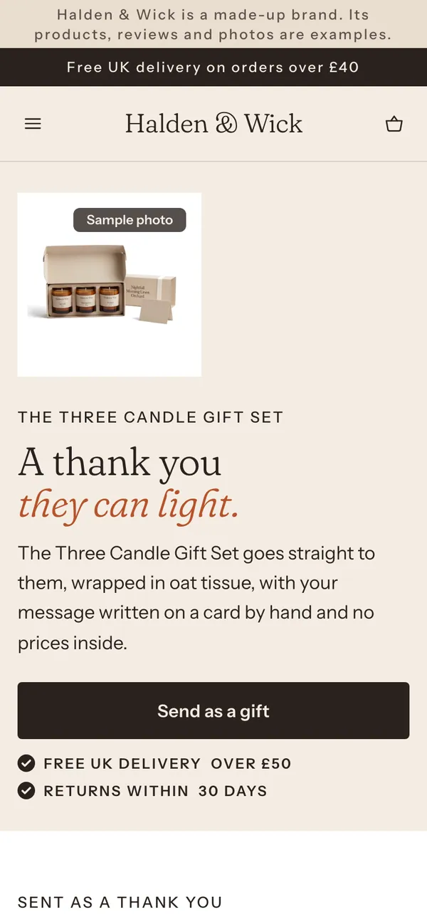 Phone screen of the Halden & Wick page for the ad “A thank you they can light.”.