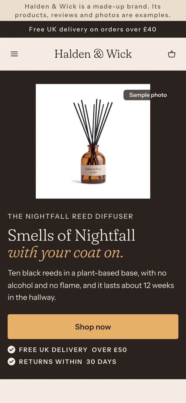 Phone screen of the Halden & Wick page for the ad “The house smells of Nightfall before you've taken your coat off.”.