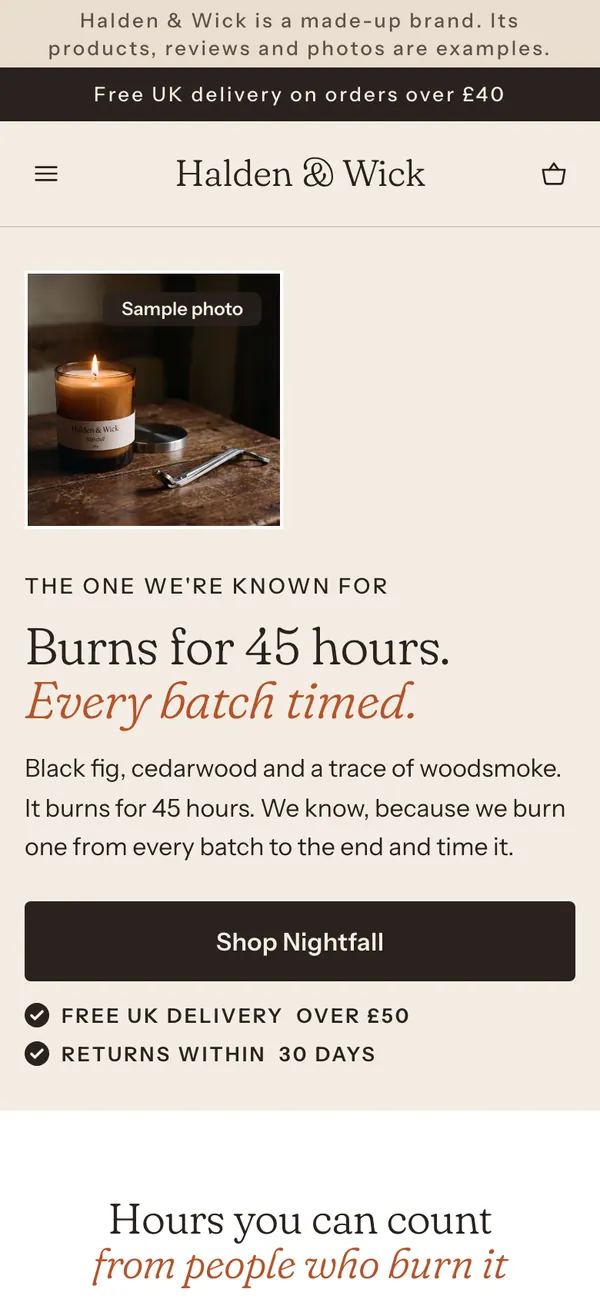 Phone screen of the Halden & Wick page for the ad “Burns for 100 hours.”.