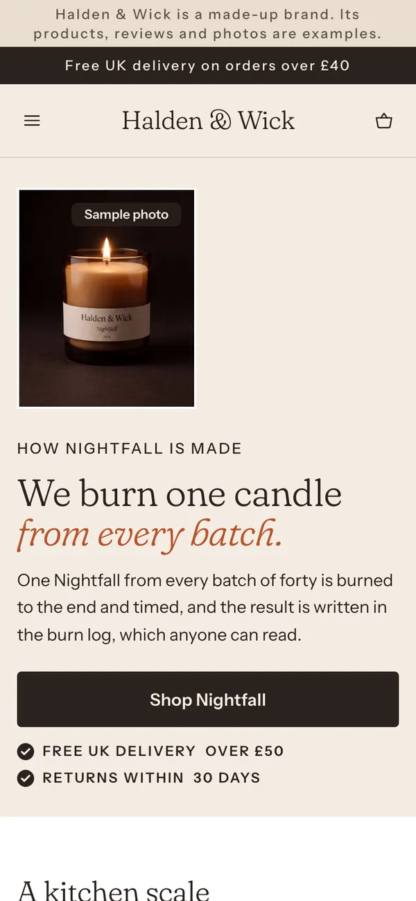 Phone screen of the Halden & Wick page for the ad “We burn one candle from every batch to the end.”.