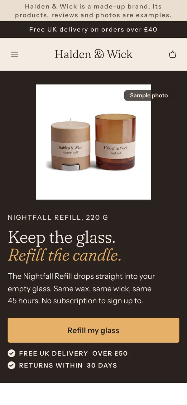 Phone screen of the Halden & Wick page for the ad “Keep the glass. Refill the candle.”.