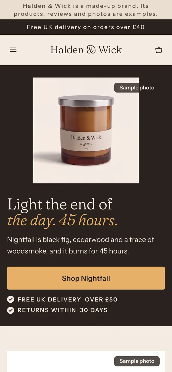 Phone screen of the Halden & Wick page for the ad “Light the end of the day.”.