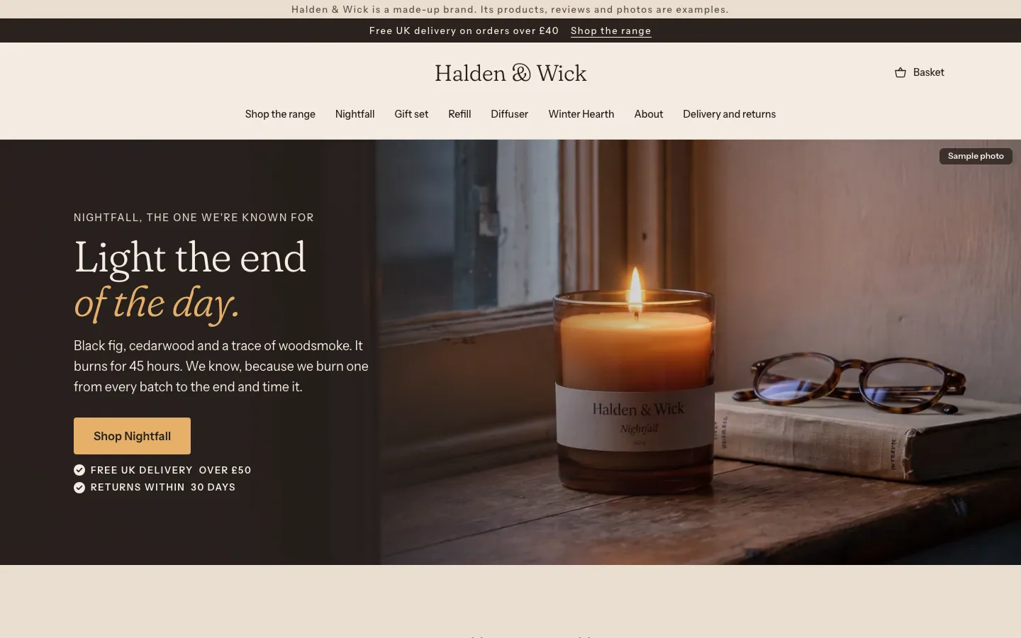 Desktop screen of the Halden & Wick page for the ad “Light the end of the day.”: the first screen.