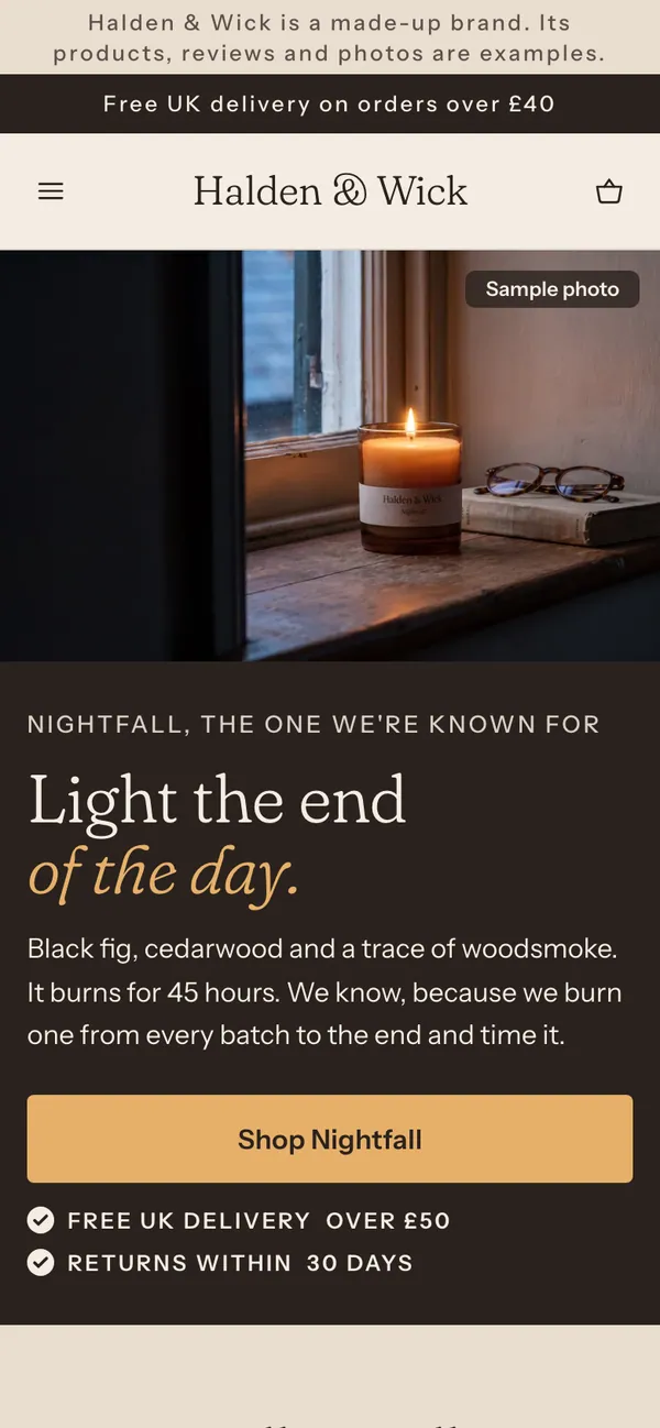 Phone screen of the Halden & Wick page for the ad “Light the end of the day.”: the first screen.