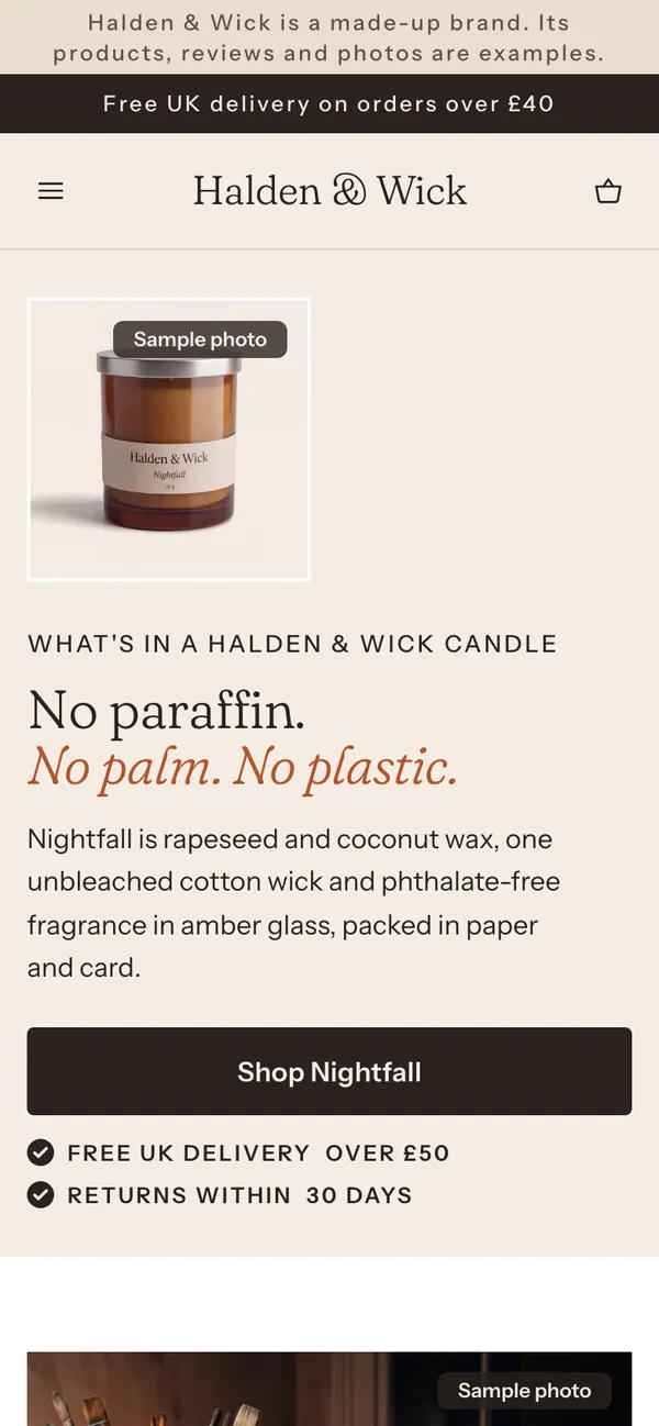Phone screen of the Halden & Wick page for the ad “No paraffin. No palm. No plastic.”.