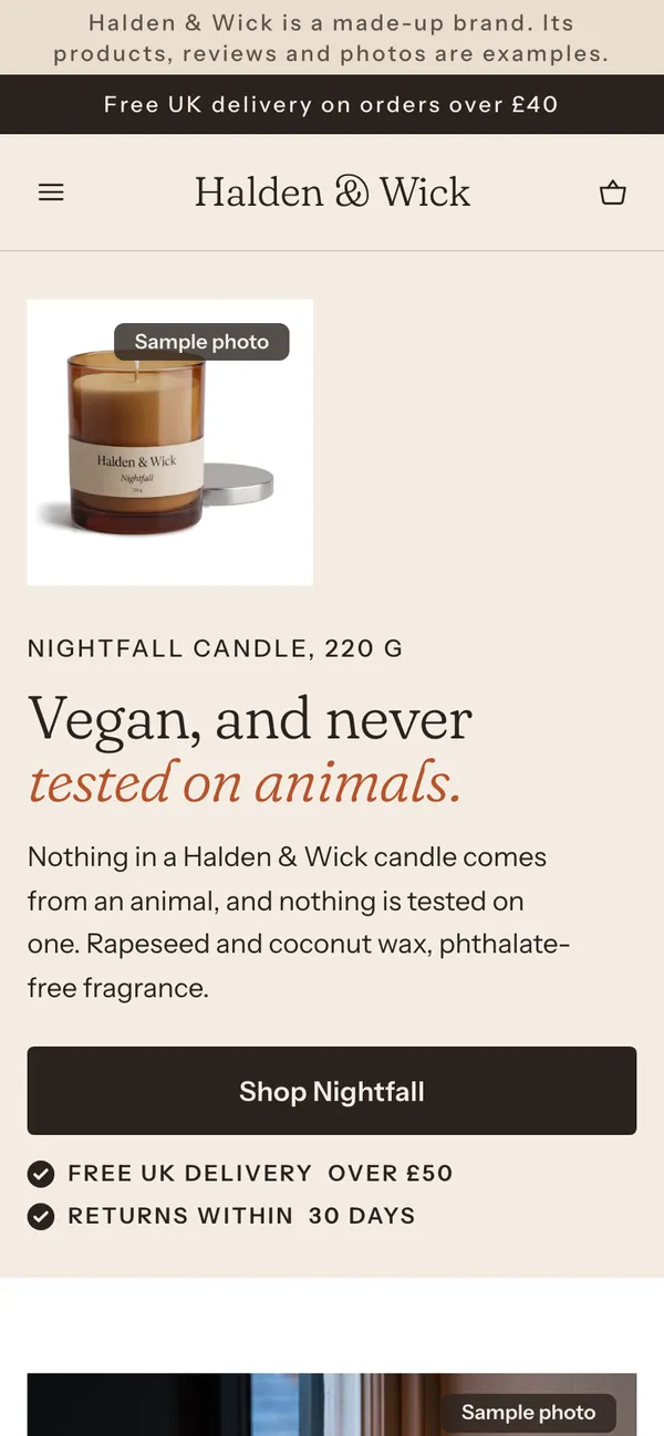 Phone screen of the Halden & Wick page for the ad “Vegan, and never tested on animals.”.