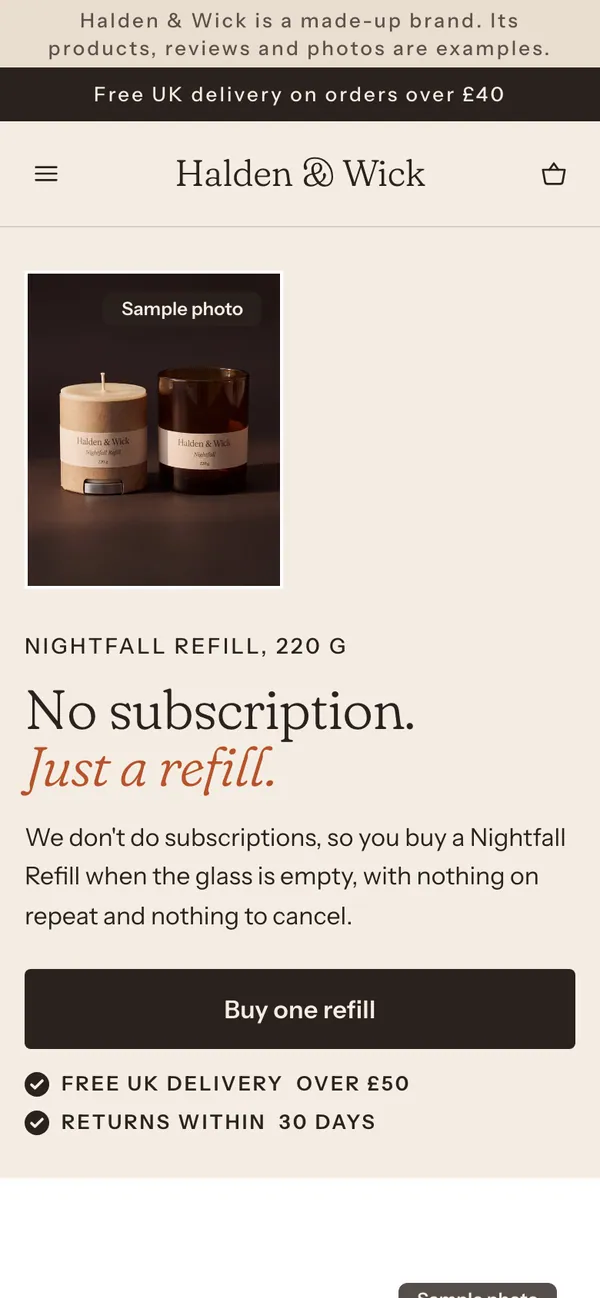 Phone screen of the Halden & Wick page for the ad “No subscription. None.”.