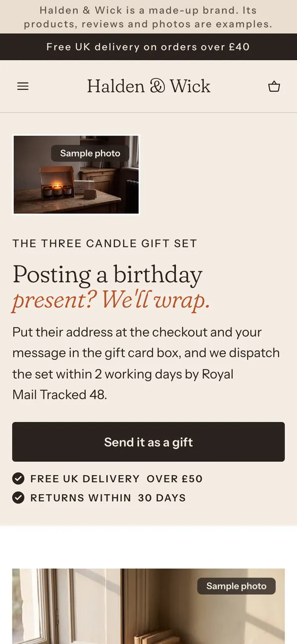 Phone screen of the Halden & Wick page for the ad “Posting a birthday present? We'll do the wrapping.”.