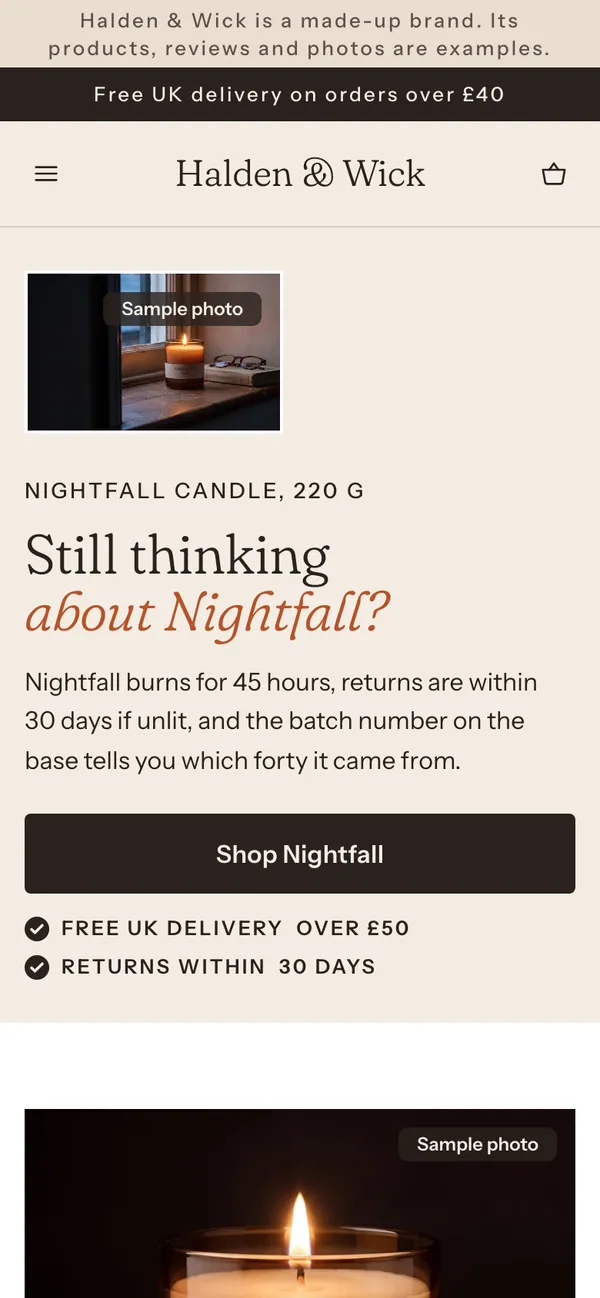 Phone screen of the Halden & Wick page for the ad “Still thinking about Nightfall?”.