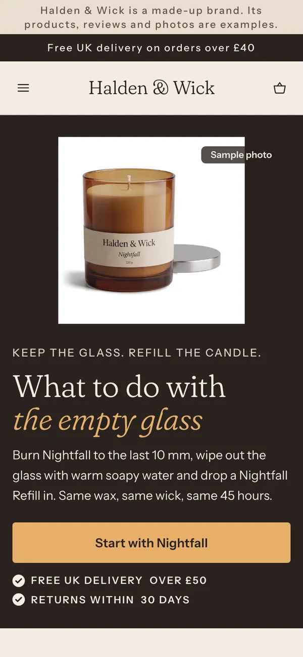 Phone screen of the Halden & Wick page for the ad “What to do with the glass afterwards.”.