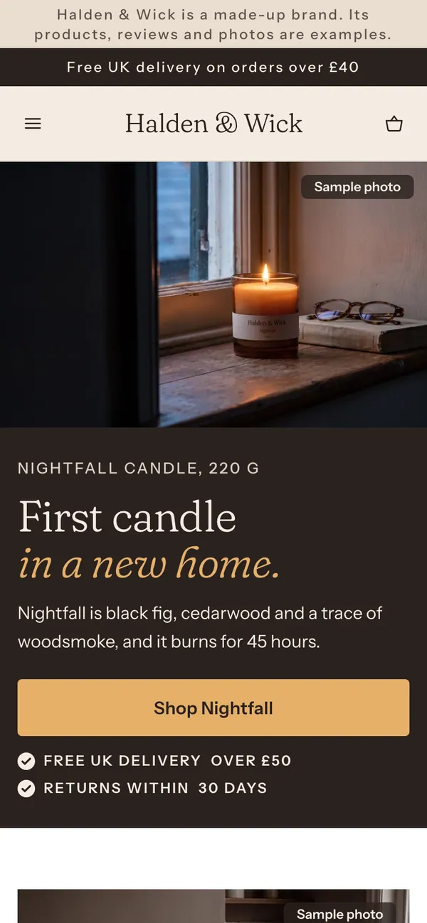 Phone screen of the Halden & Wick page for the ad “First candle in a new home.”.