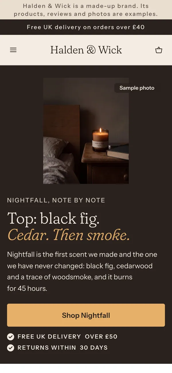 Phone screen of the Halden & Wick page for the ad “Top: black fig. Heart: cedarwood. Base: a trace of woodsmoke.”.