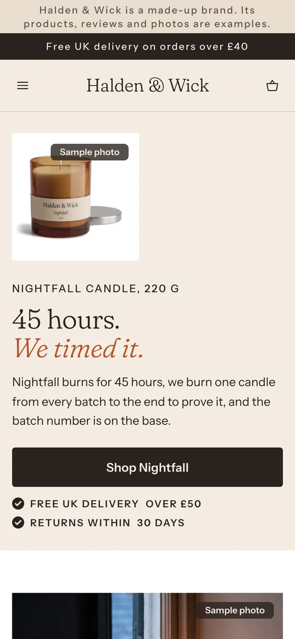 Phone screen of the Halden & Wick page for the ad “45 hours. We timed it.”.