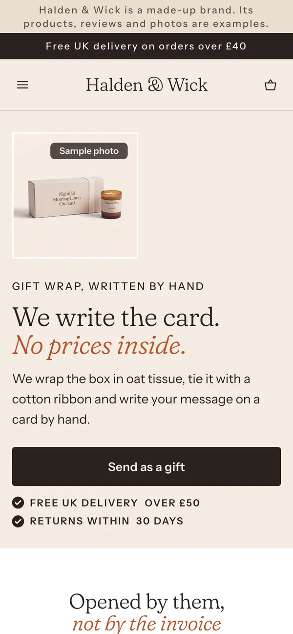 Phone screen of the Halden & Wick page for the ad “We write the card. We leave out the prices.”.