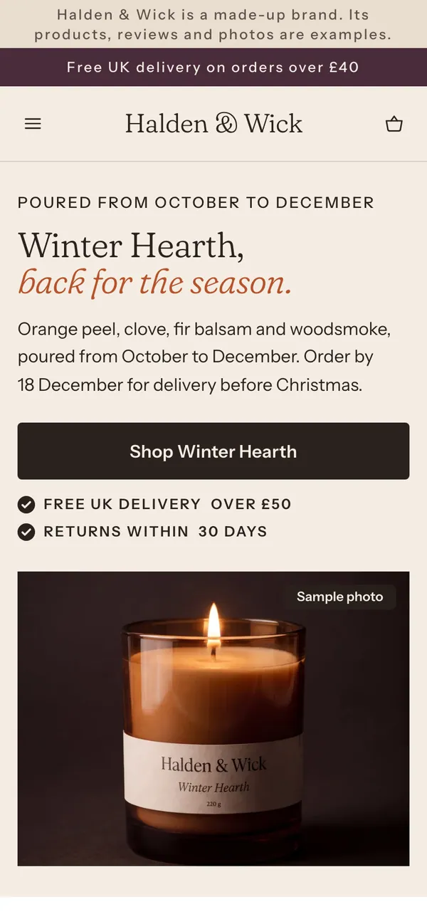 Phone screen of the Halden & Wick page for the ad “Winter Hearth is back.”.
