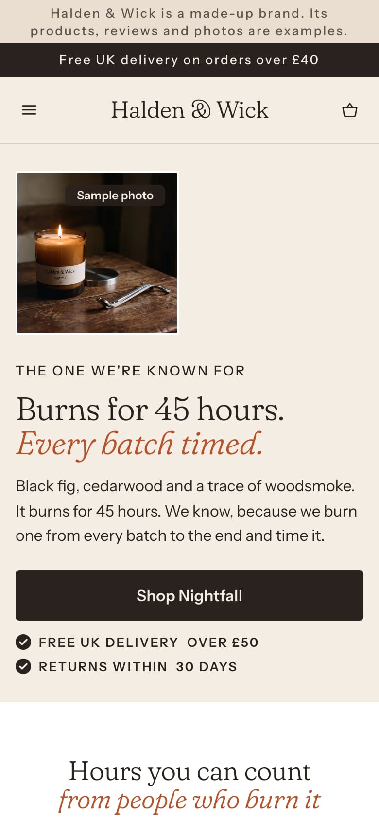 A phone screen of the Halden & Wick page for the ad that claimed 100 hours: the page says “Burns for 45 hours. Every batch timed.”