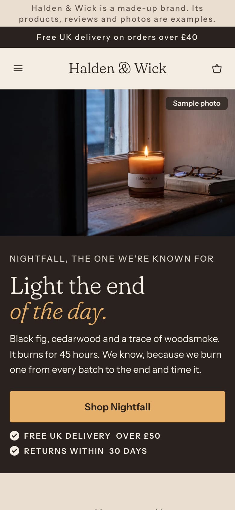A phone screen of the Halden & Wick page for the ad “Light the end of the day”: a lit candle on a windowsill at dusk, the headline, and a Shop Nightfall button.