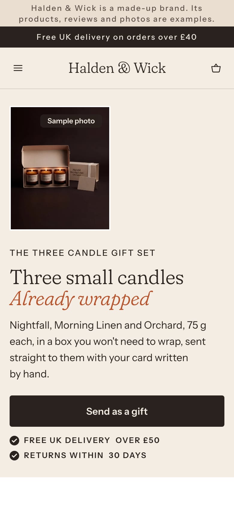 A phone screen of the Halden & Wick page for the gift-set ad: the open gift box, the headline “Three small candles, already wrapped”, and a Send as a gift button.