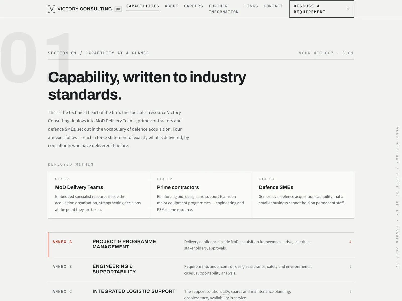The rescued capabilities page: 'Capability, written to industry standards', with the firm's services set out as annexes