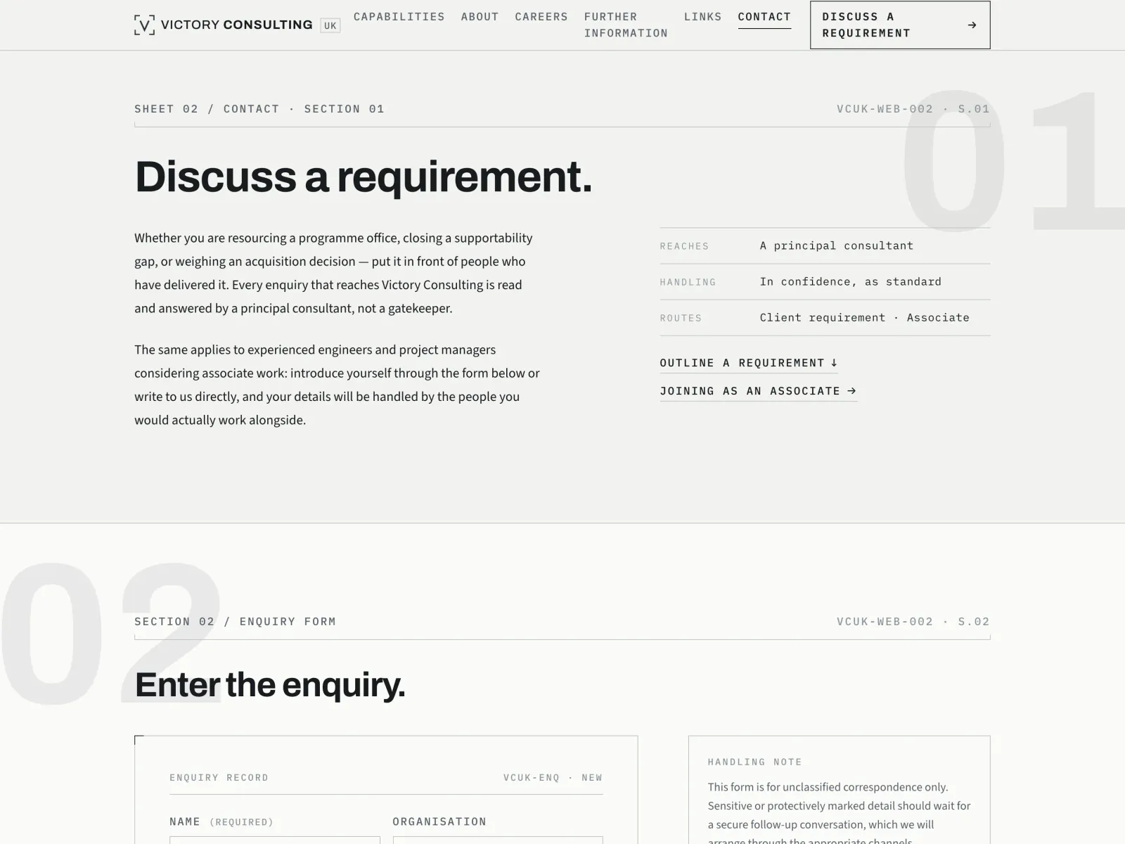 The rescued contact page: 'Discuss a requirement', with an enquiry form