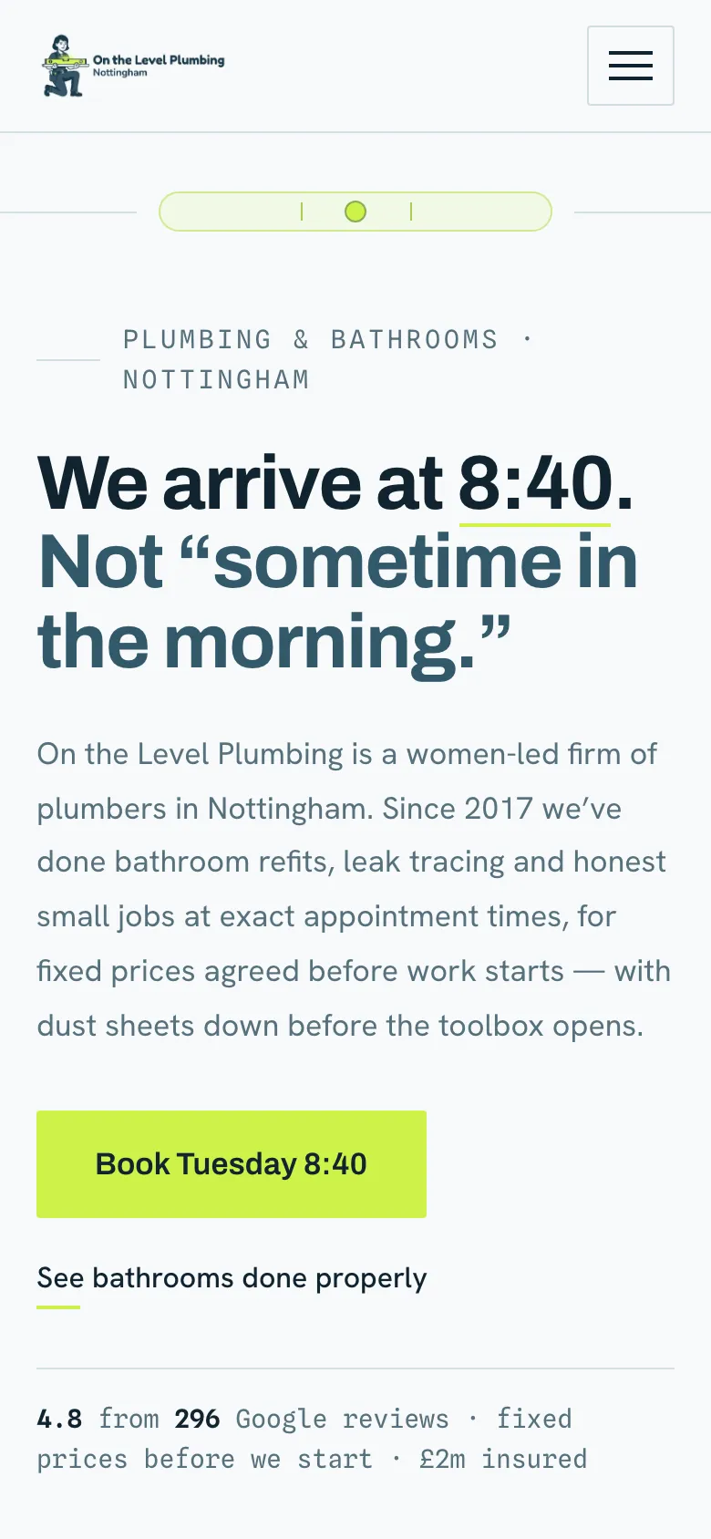 On the Level Plumbing's home page on a phone: We arrive at 8:40, not sometime in the morning, in dark type, with a lime Book Tuesday 8:40 button