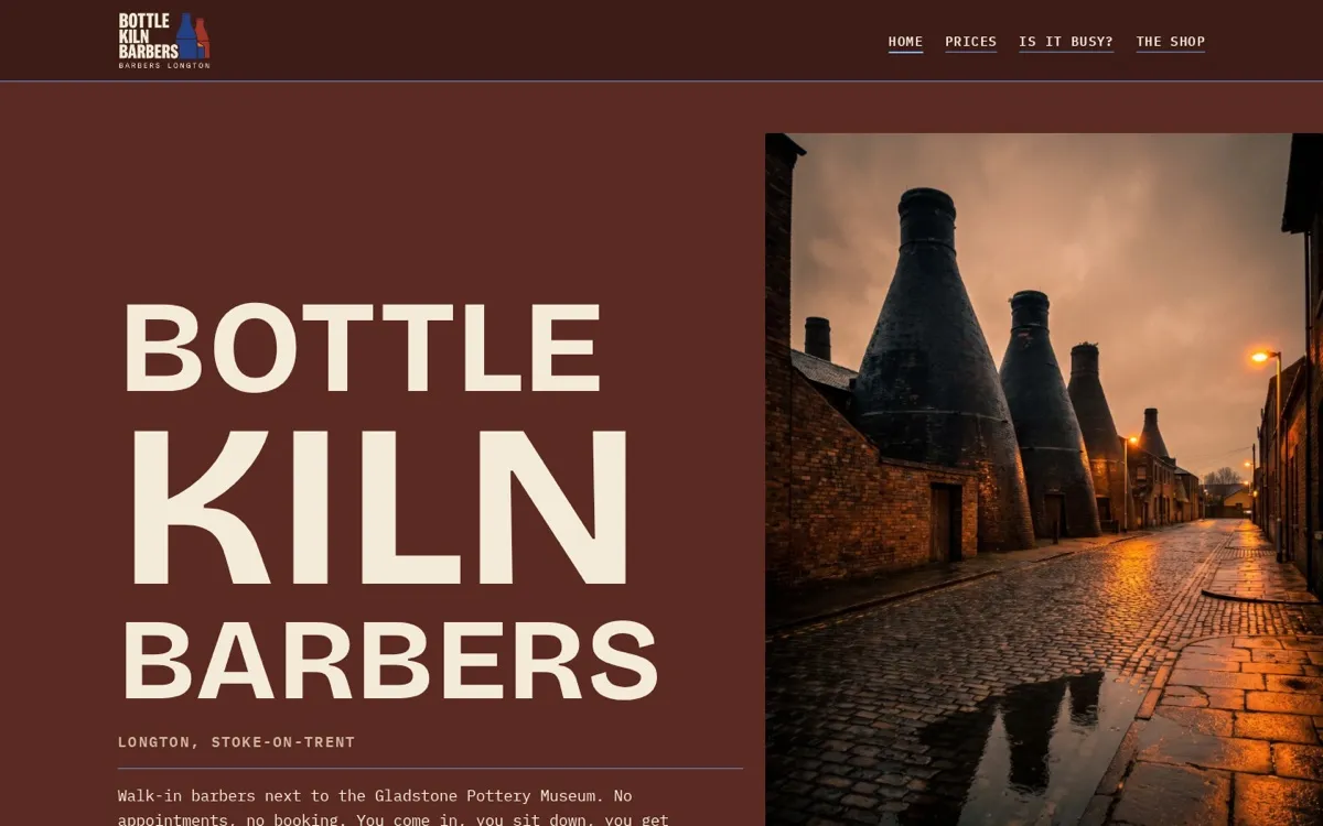 Bottle Kiln Barbers home page: the name in huge cream capitals on fired-brick red beside the Longton bottle kilns at dusk