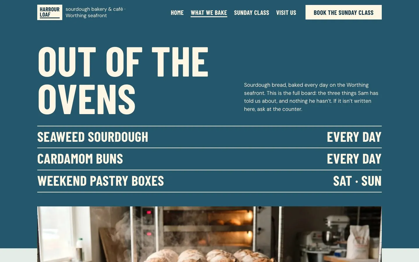 Harbour Loaf's What we bake page: the headline Out of the ovens, and a list of seaweed sourdough, cardamom buns and weekend pastry boxes with the days they are baked