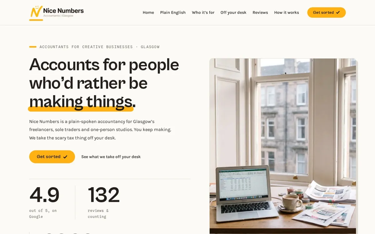 Nice Numbers home page: Accounts for people who'd rather be making things, beside a laptop on a sunny desk