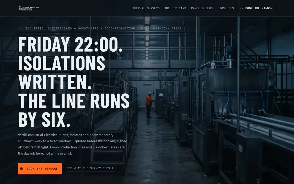 Verrill Industrial Electrical home page: a food-production hall at night with one figure in hi-vis and condensed white headline type