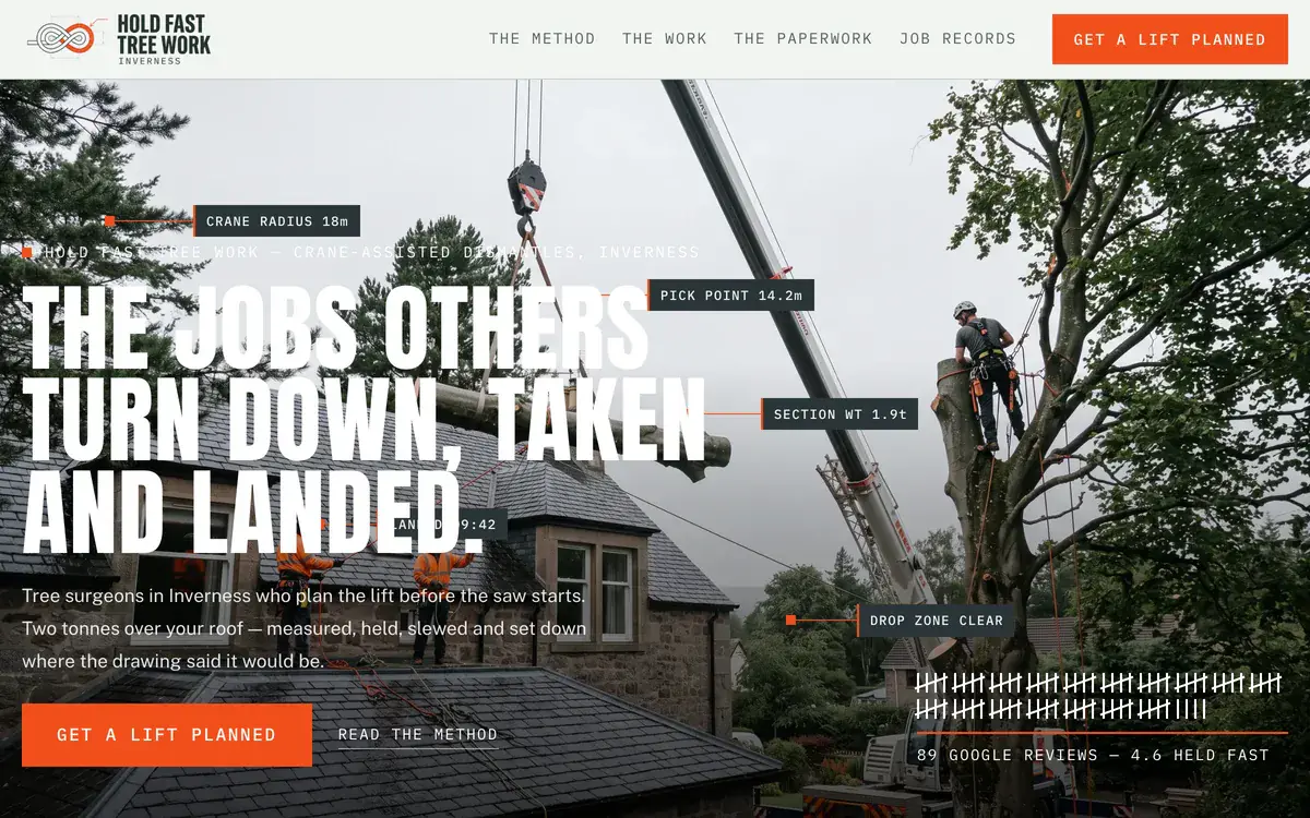 Hold Fast Tree Work home page: The jobs others turn down, taken and landed, in white capitals over a crane lifting a trunk above a slate roof