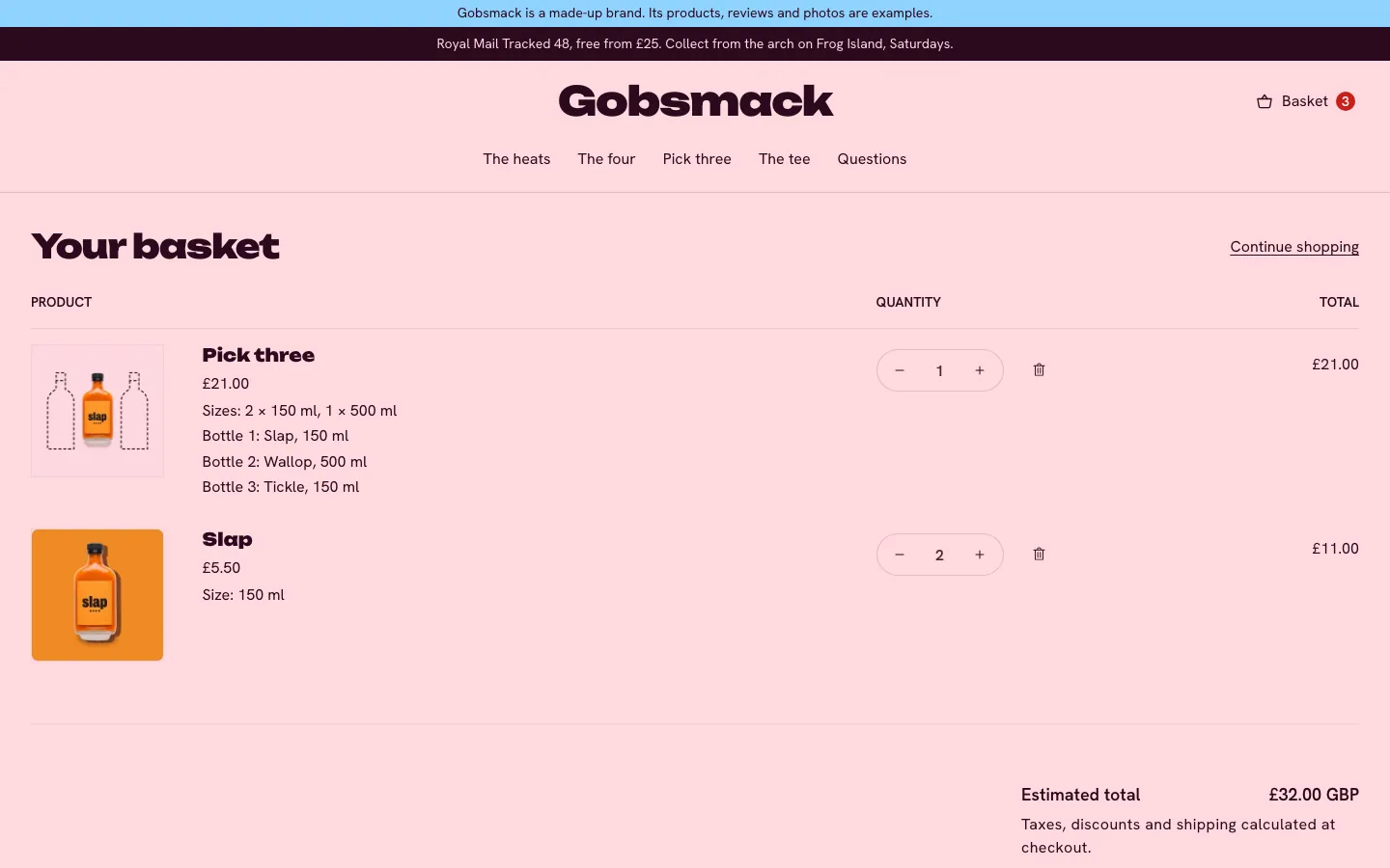 Desktop screen of the Gobsmack store: the basket, with a pick-three and two bottles in it, the first screen.