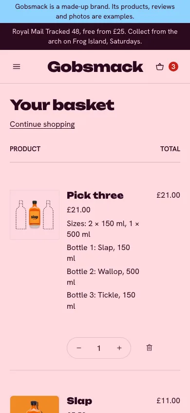 Phone screen of the Gobsmack store: the basket, with a pick-three and two bottles in it, the first screen.