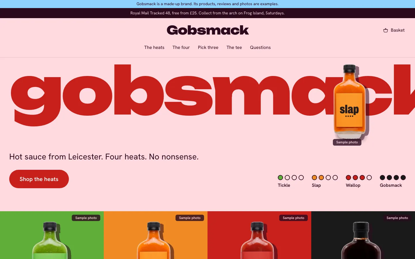 Desktop screen of the Gobsmack store: the home page, the brand’s name set across the screen, the first screen.