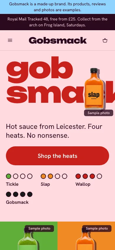 Phone screen of the Gobsmack store: the home page, the brand’s name set across the screen, the first screen.