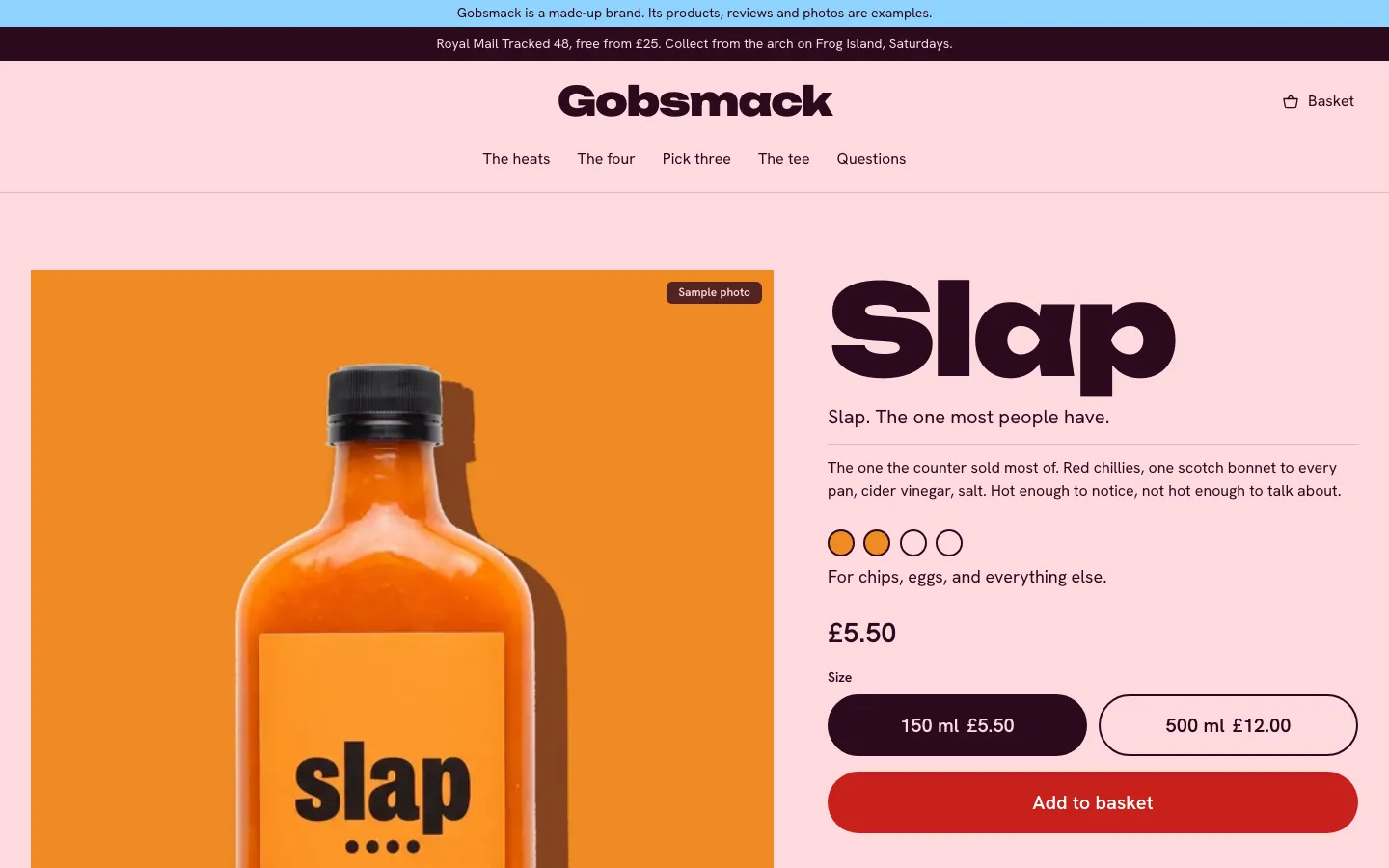 Desktop screen of the Gobsmack store: the product page for Slap, the second of four heats, the first screen.