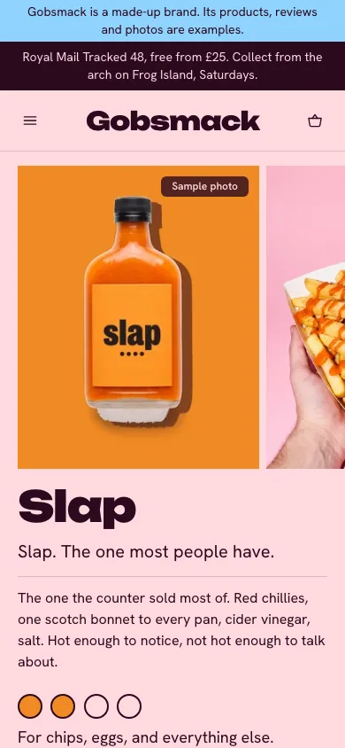 Phone screen of the Gobsmack store: the product page for Slap, the second of four heats, the first screen.