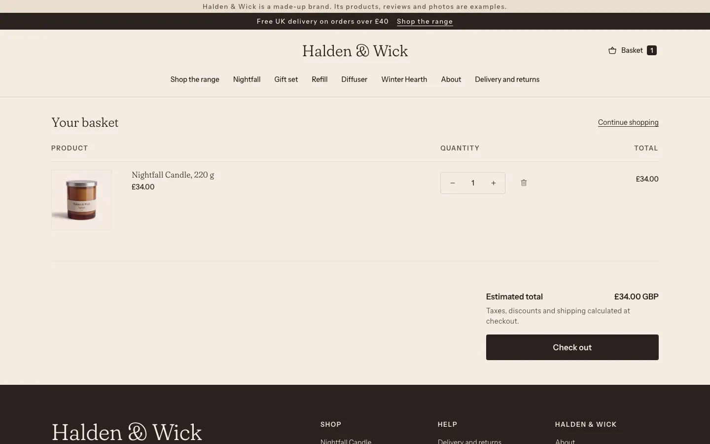 Desktop screen of the Halden & Wick store: the basket, with one candle in it, the first screen.