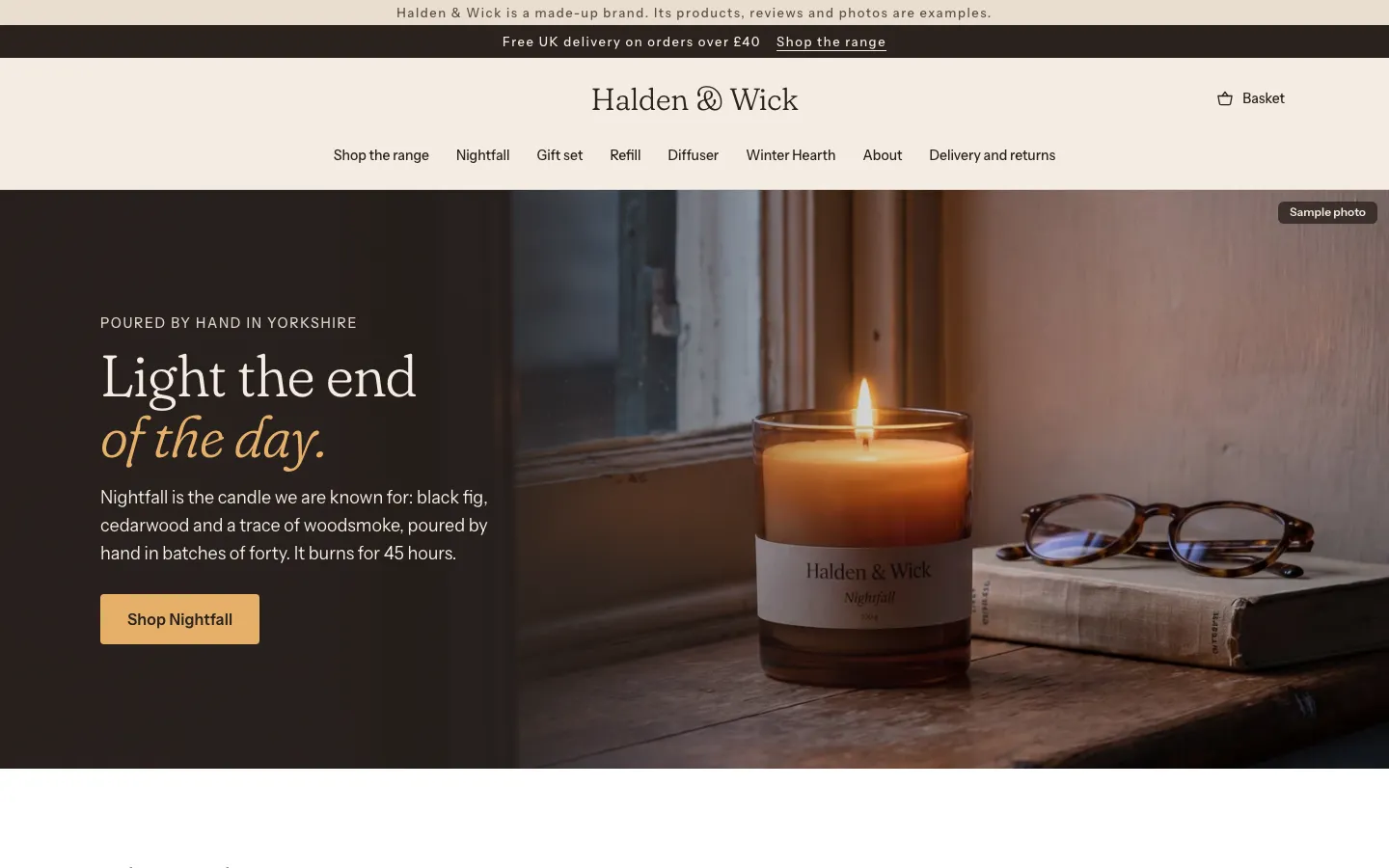 Desktop screen of the Halden & Wick store: the home page, the first screen.