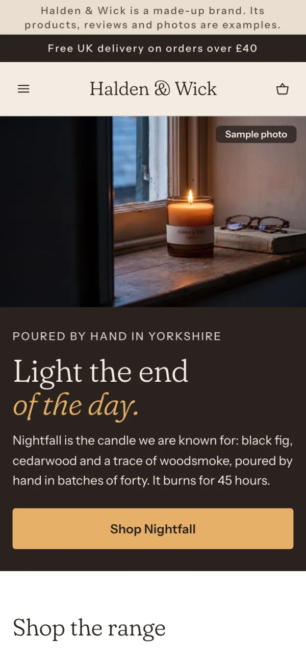 Phone screen of the Halden & Wick store: the home page, the first screen.